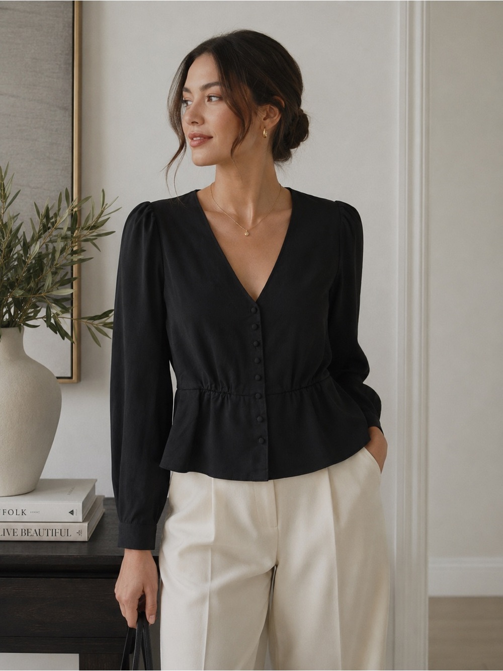 J.Crew Black V Neck Button Front Peplum Blouse Puff Sleeve Top Size 0 Petite